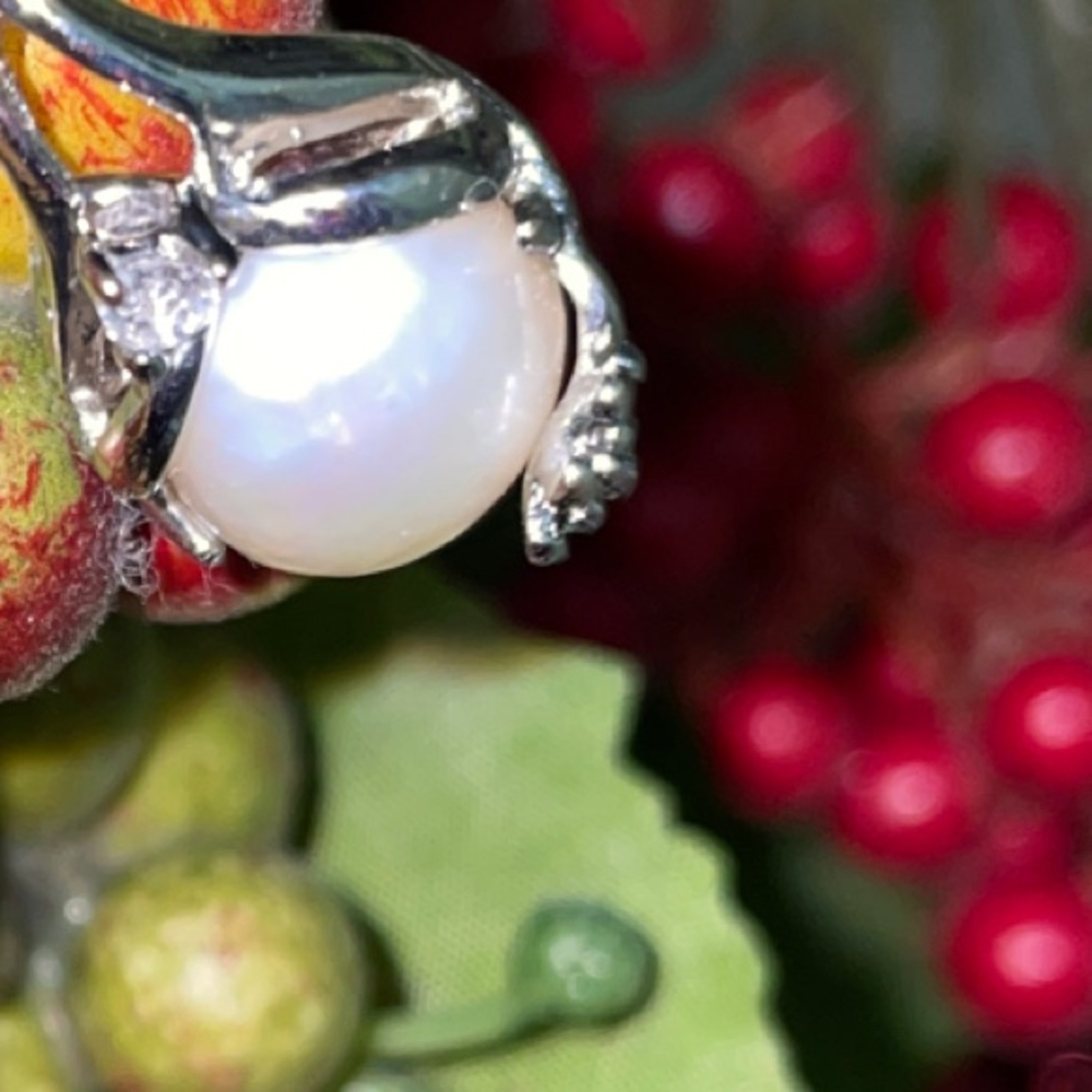 Elegant Baroque Freshwater Pearl Ring with diamond chips .925 silver Ring SZ 8 - Picture 5 of 12